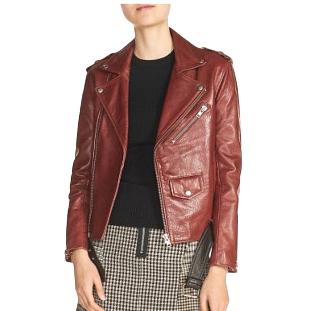 Maje Bixente Lamb Leather Red Moto Belted Jacket in Bordeaux NWT Size 38